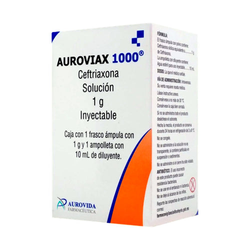 Auroviax Ceftriaxona 1 g, frasco ámpula con 1 g y ampolleta con 10 ml de diluyente