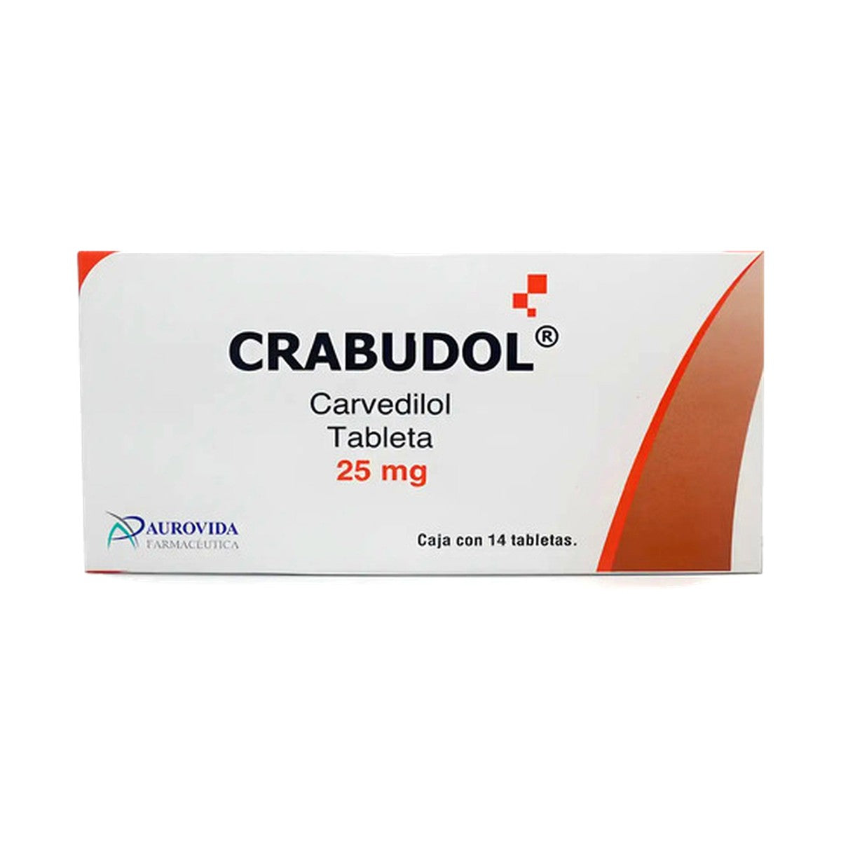 Crabudol Carvedilol 25 mg, caja con 14 tabletas