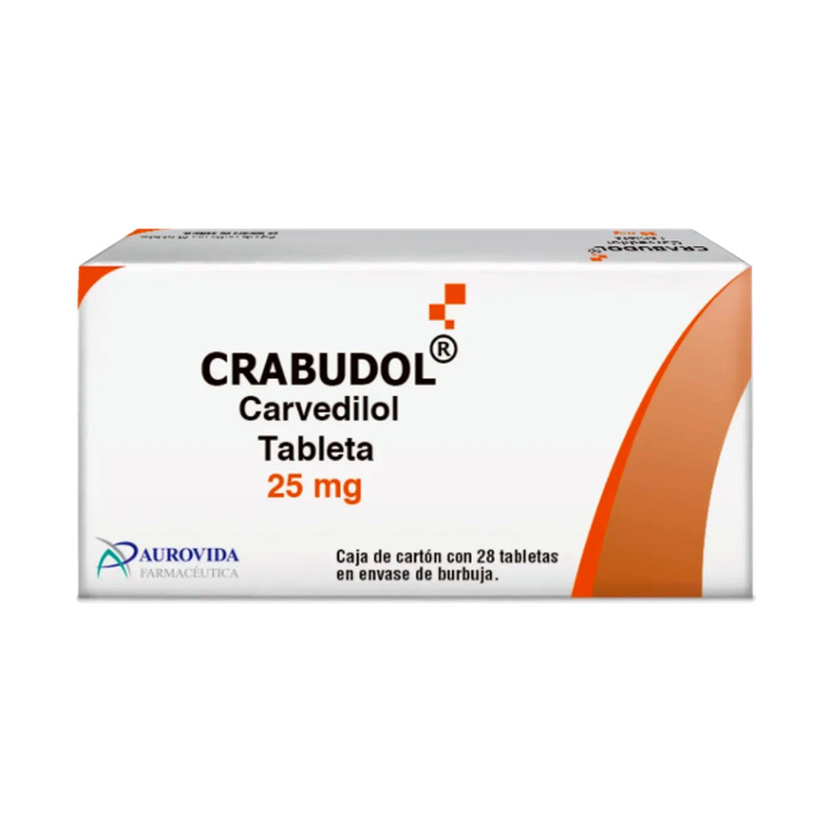 Crabudol Carvedilol 25 mg, caja con 28 tabletas