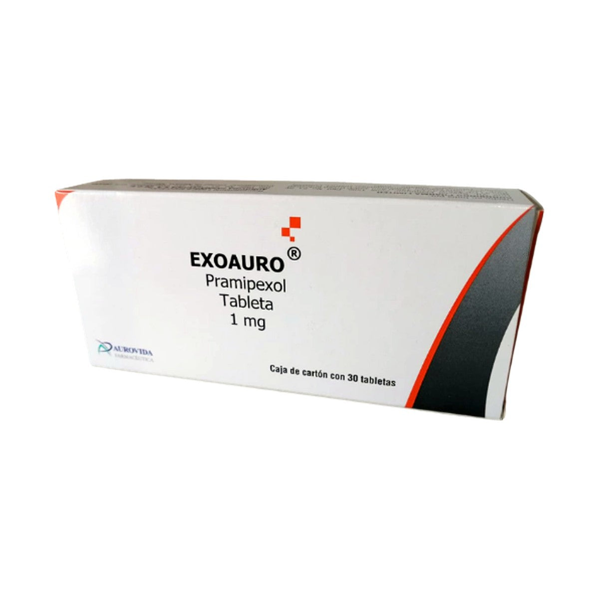 Exoauro Pramipexol 1 mg, caja con 30 tabletas