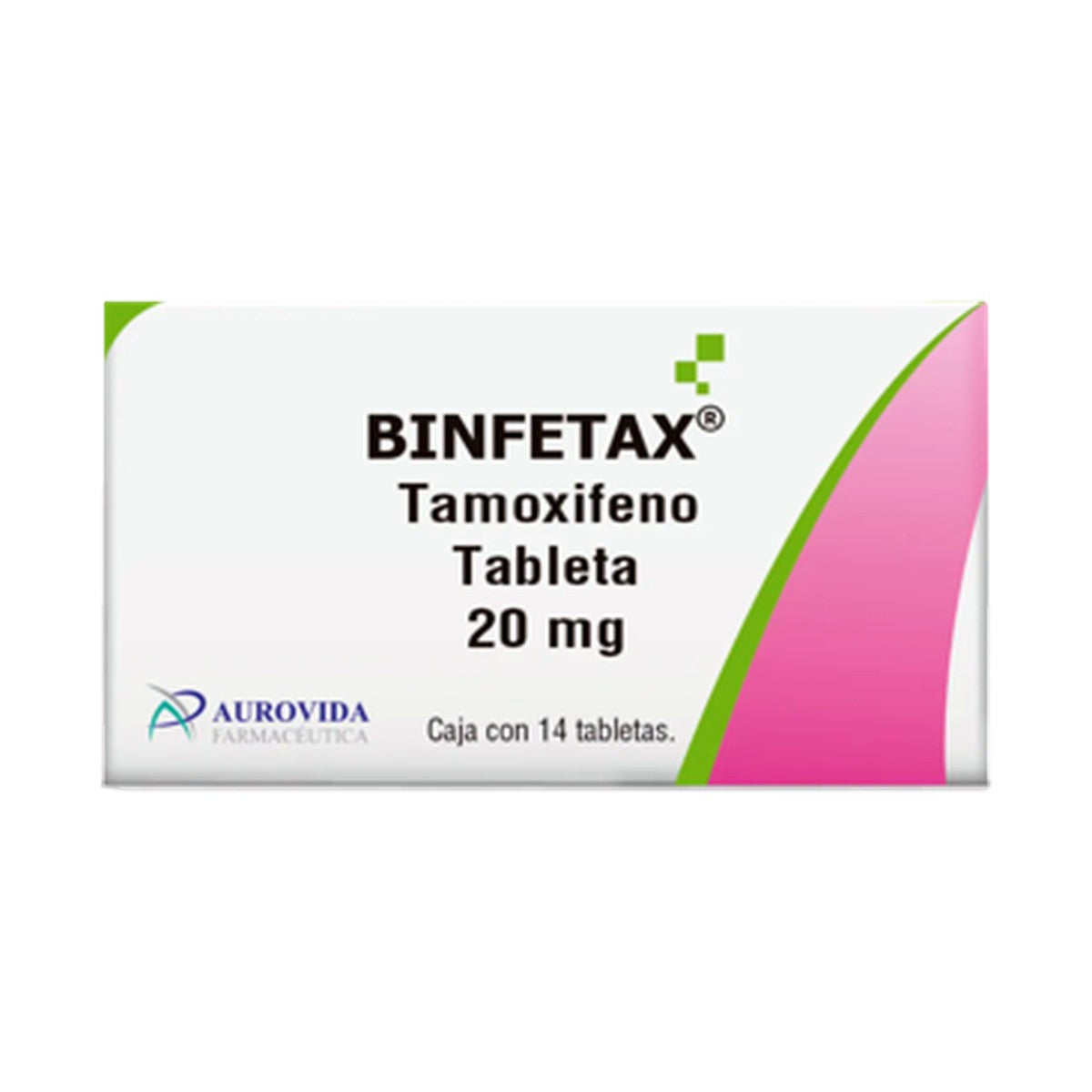 Binfetax Tamoxifeno 20 mg, caja con 14 tabletas