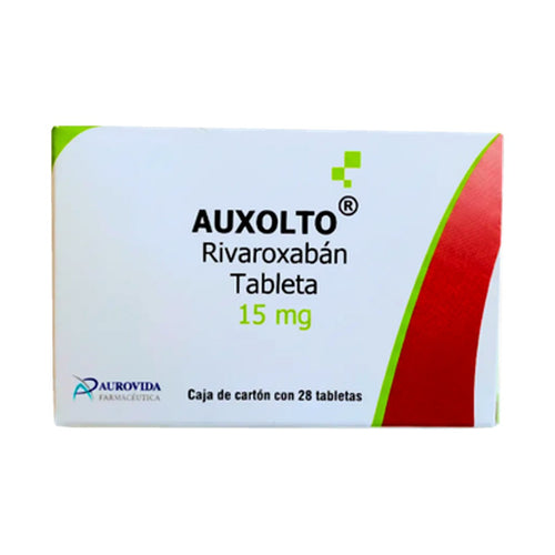 Auxolto Rivaroxabán 15 mg, caja con 28 tabletas